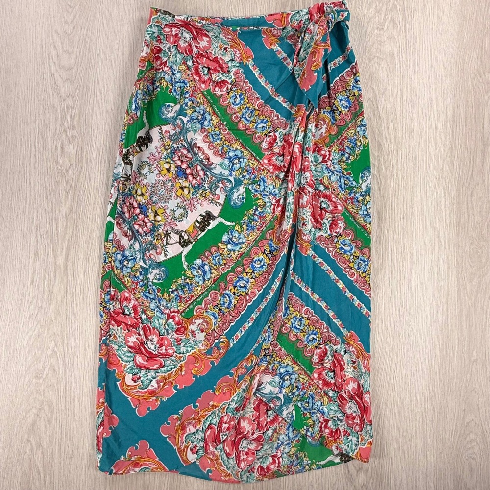 Maeve Anthropologie Teal Floral Scarf Print Wrap Midi Skirt Equestrian Size 8